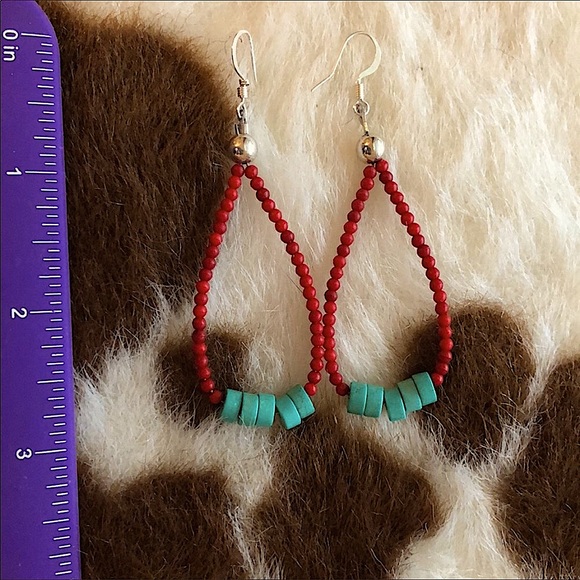 TURQUOISE BEADS & CORAL JACLA EARRINGS. NEW ARTISAN HANDMADE - Picture 2 of 3